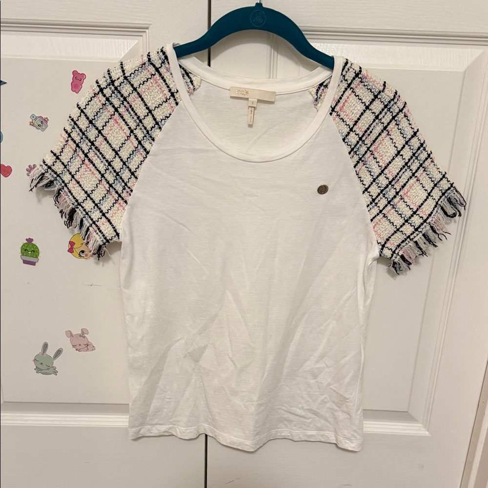 Maje White Tee with Pink & Black Tweed Fringe Sleeves